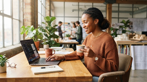 Creative African tech entrepreneur working in a bright studio